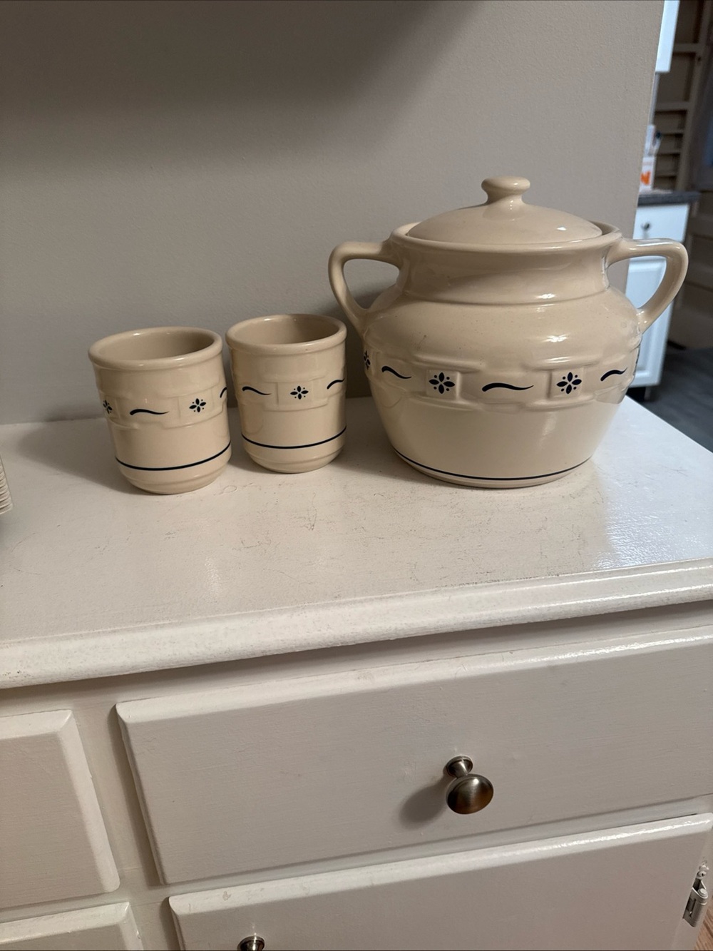 Longaberger Pottery Woven Traditions Heritage Blue Cookie Jar W/ 2 Mugs